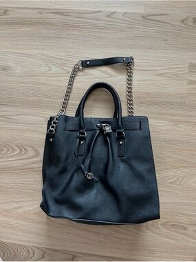 bebe Black Leather Tote with Chain Strap